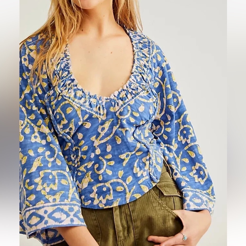Free People On The Block Blue Combo Bell Sleeve Blouse | Size S - Picture 1 of 8